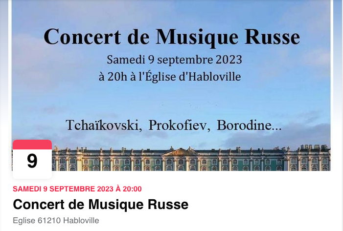 Bannière Facebook. Église d'Habloville. Concert de Musique Russe. Tchaïkovsky, Prokofiev, Borodiner, ... 2023-09-09
